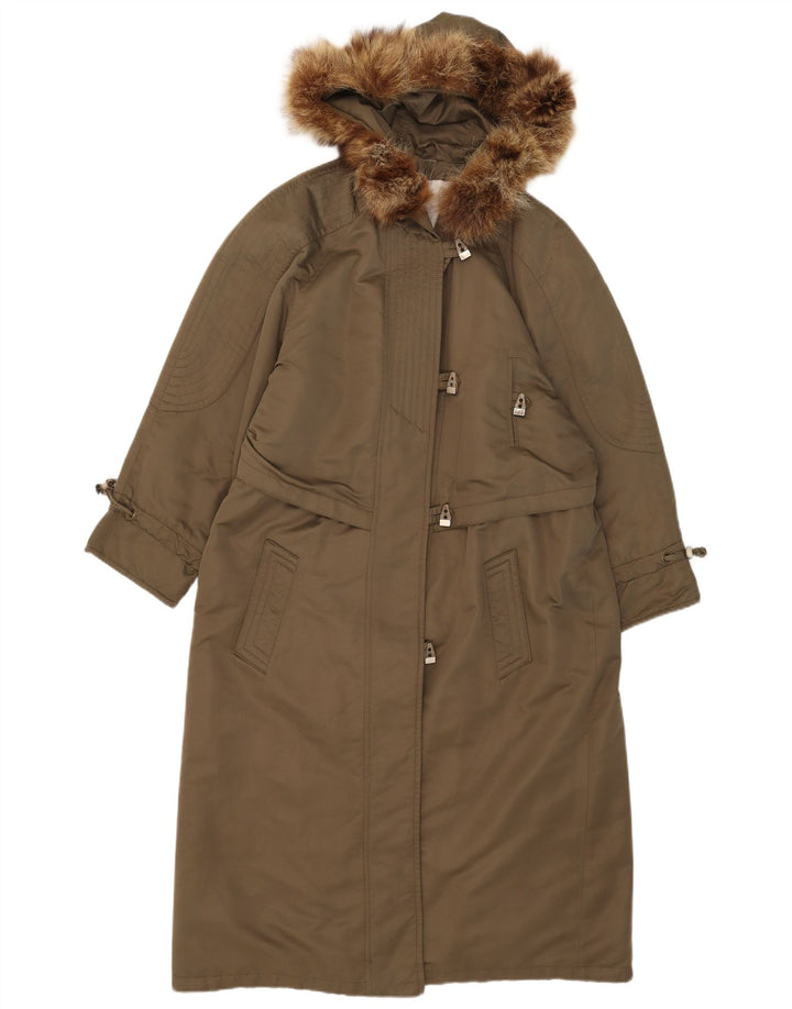 Sobretudo com capuz feminino vintage UK 14 poliéster cáqui grande