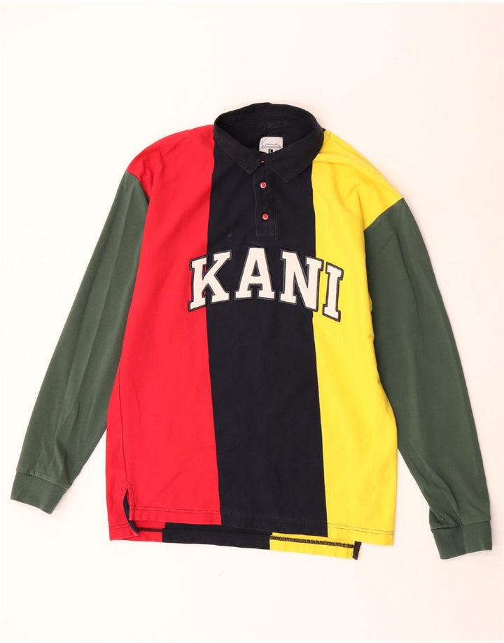 Karl Kani Camisa polo masculina gráfica grande bloco colorido multicolorido