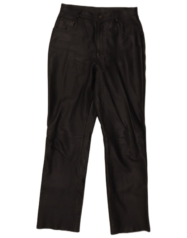 Calças de couro retas femininas vintage UK 14 médio W30 L31 preta