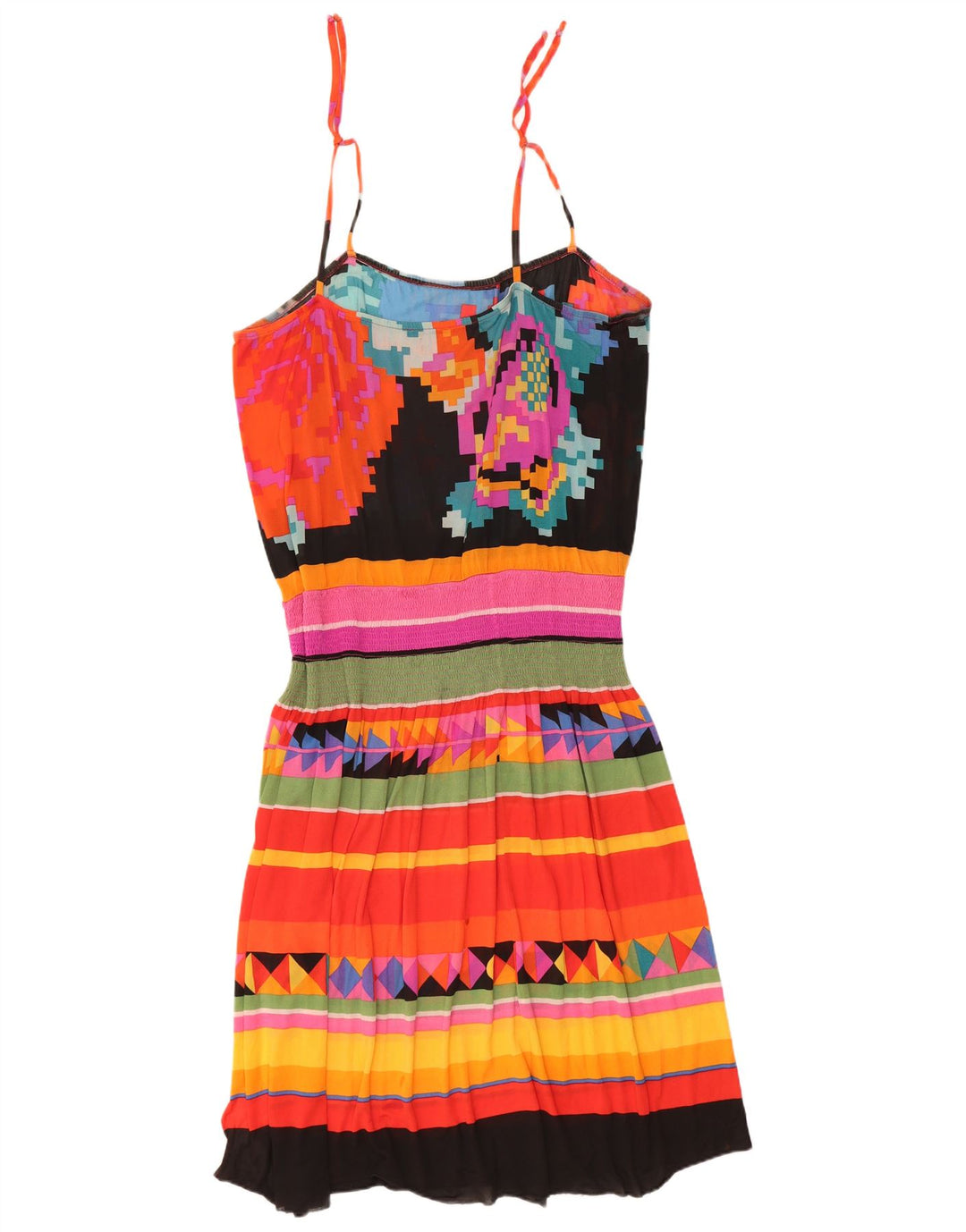 Vestido de verão feminino vintage Reino Unido 14 grande geométrico multicolorido