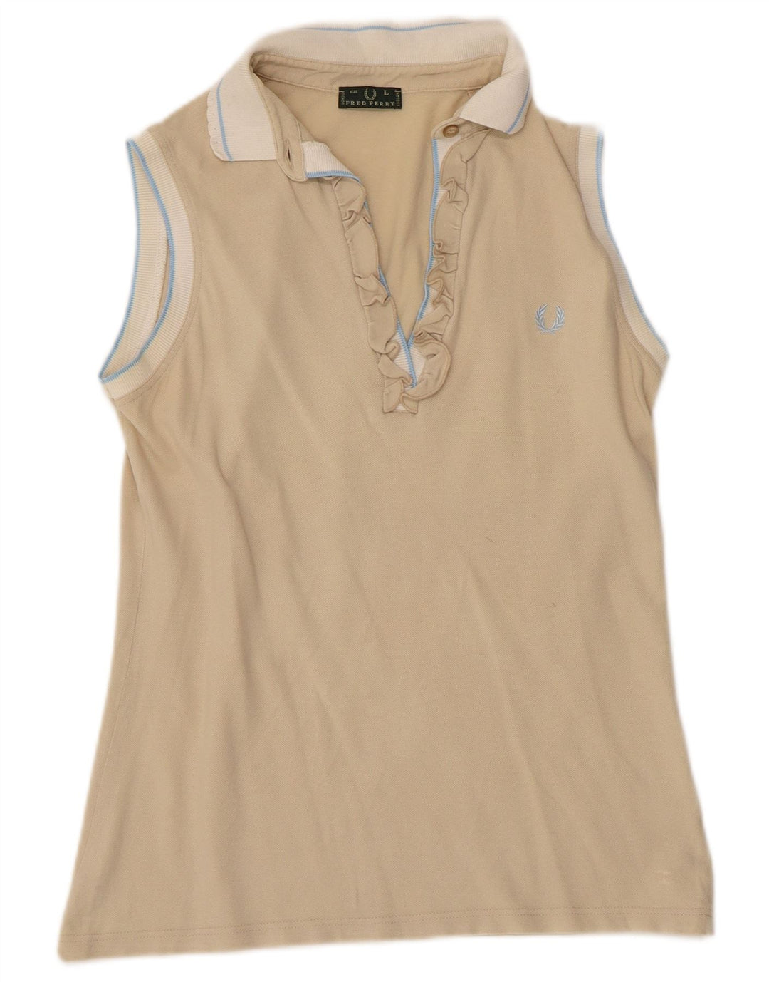 Camisa polo feminina FRED PERRY com babados na frente Reino Unido 14 grande bloco colorido bege