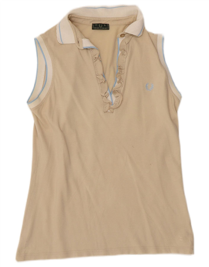 Camisa polo feminina FRED PERRY com babados na frente Reino Unido 14 grande bloco colorido bege