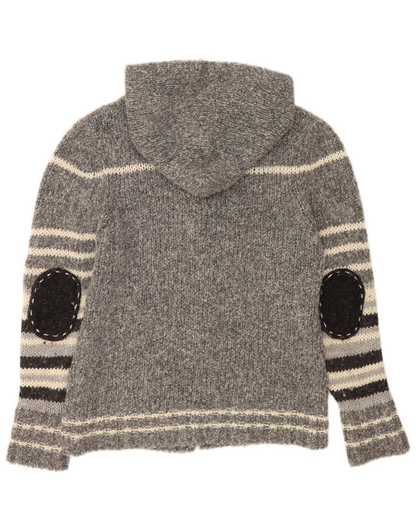 Suéter cardigã feminino vintage com capuz Reino Unido 8 lã listrada cinza pequena