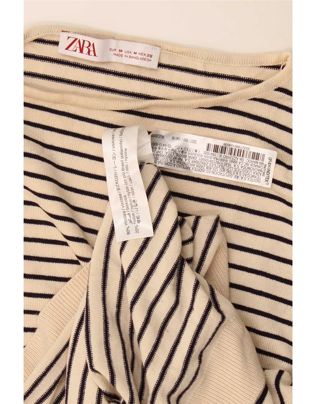 Top feminino Zara manga comprida UK 14 viscose listrada bege médio