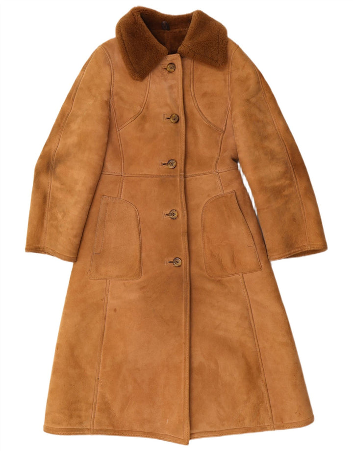 Casaco feminino Shearling Julian Vard Reino Unido 12 couro marrom médio