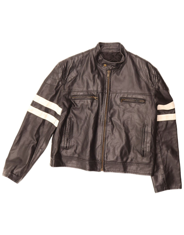 Jaqueta de couro feminina vintage UK 20 2XL couro preto colorblock