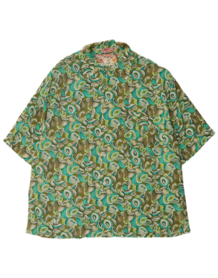 Vintage masculino abstrato Padrão camisa de manga curta rayon verde médio