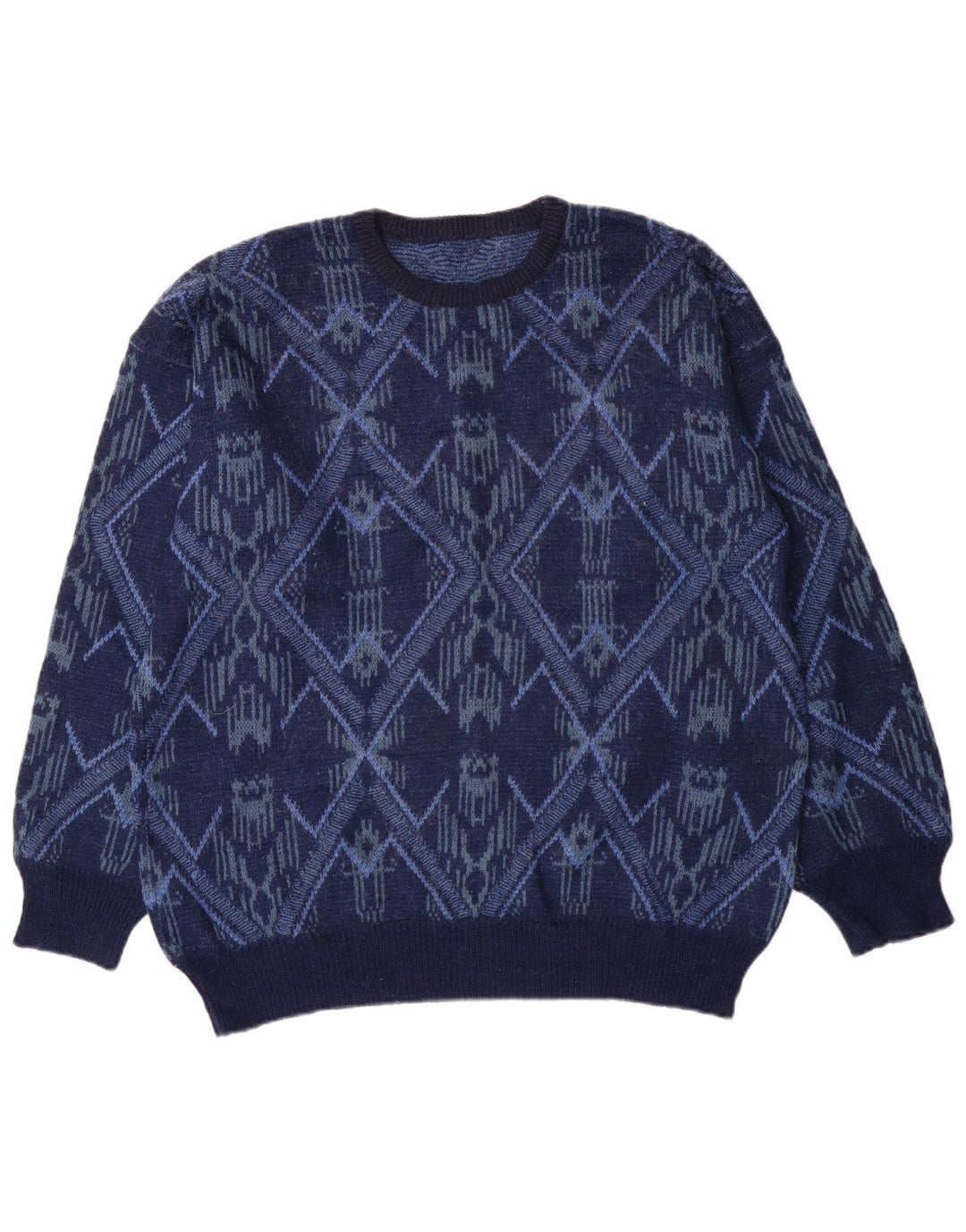 Suéter vintage masculino com gola redonda grande azul marinho Fair Isle