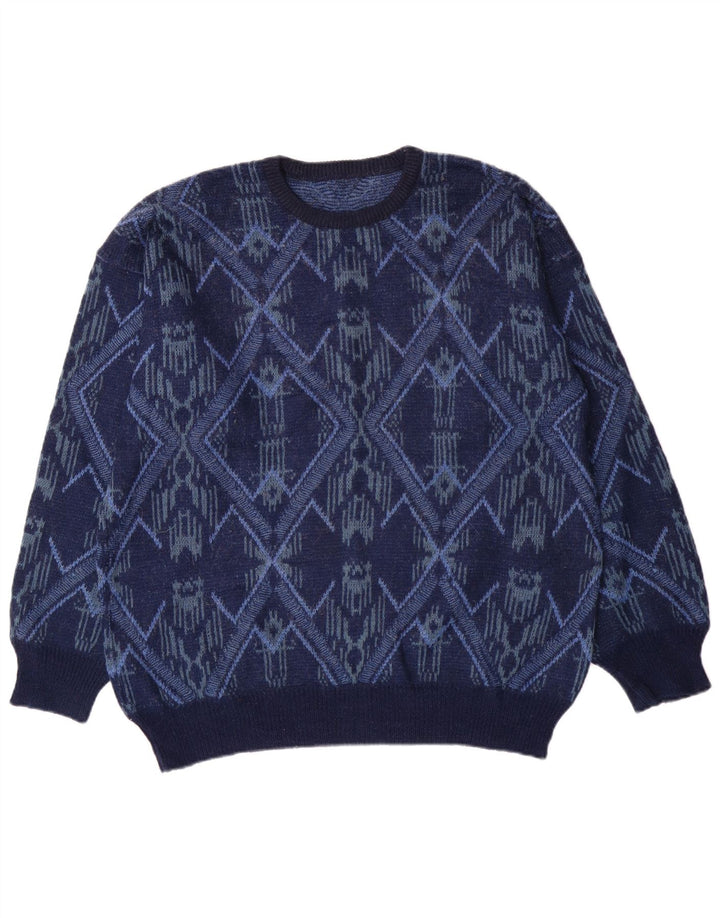 Suéter vintage masculino com gola redonda grande azul marinho Fair Isle