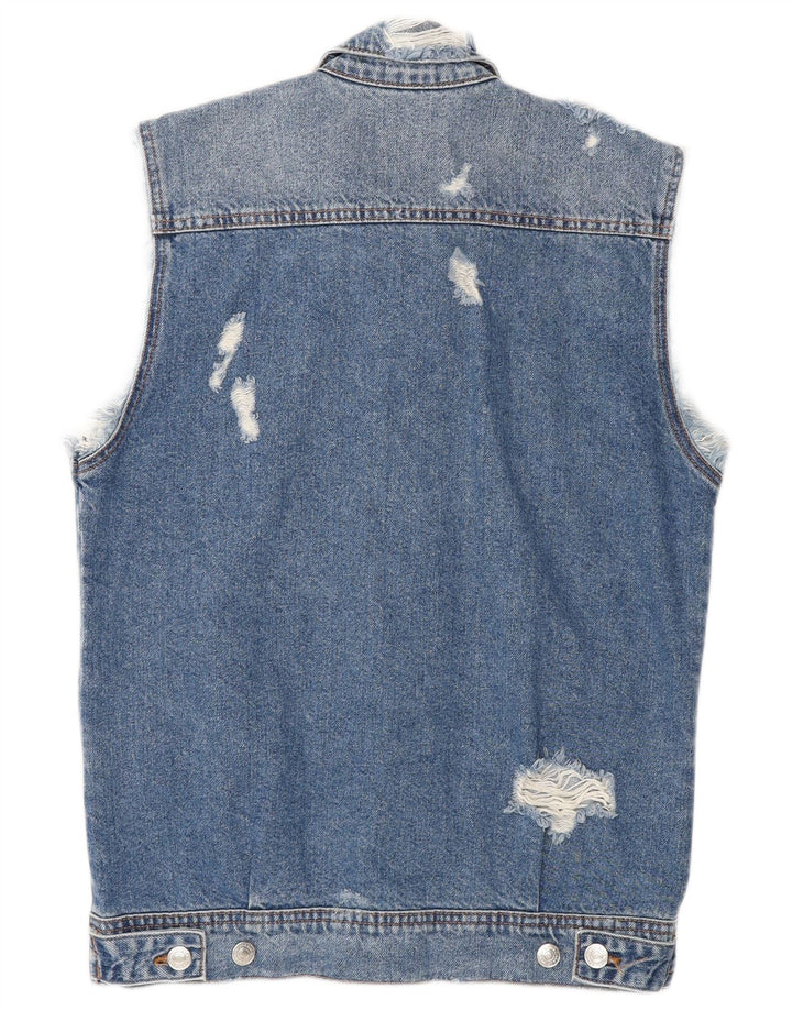 Zara Mens Distressed Denim Gilet UK 36 Pequeno Azul Algodão