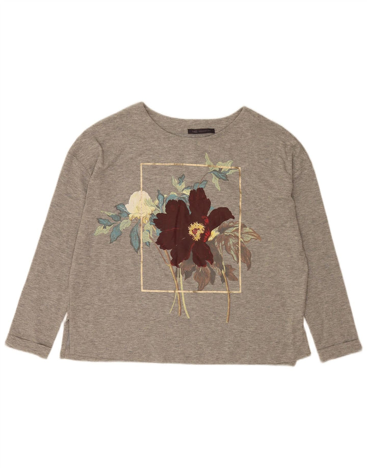 Top gráfico feminino Marks & Spencer manga comprida Reino Unido 12 cinza médio floral