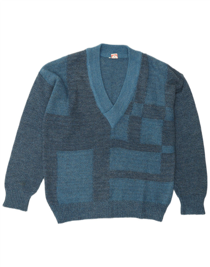 Suéter masculino VINTAGE com decote em V IT 50 poliacrílico geométrico azul médio