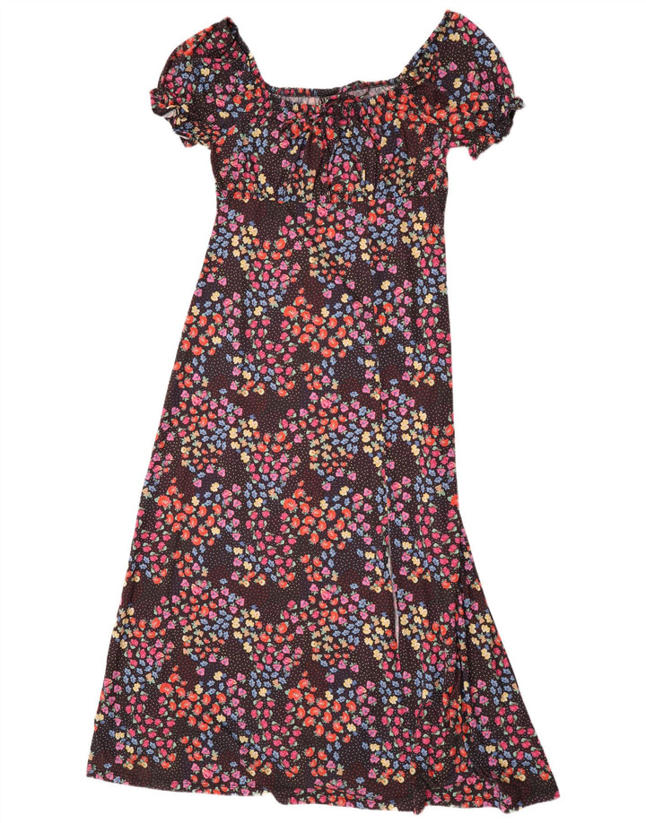 Vestido maxi feminino Lipsy Reino Unido 10 pequeno poliéster floral preto