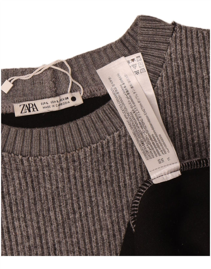Suéter feminino Zara com gola redonda, Reino Unido 16, grande lã cinza