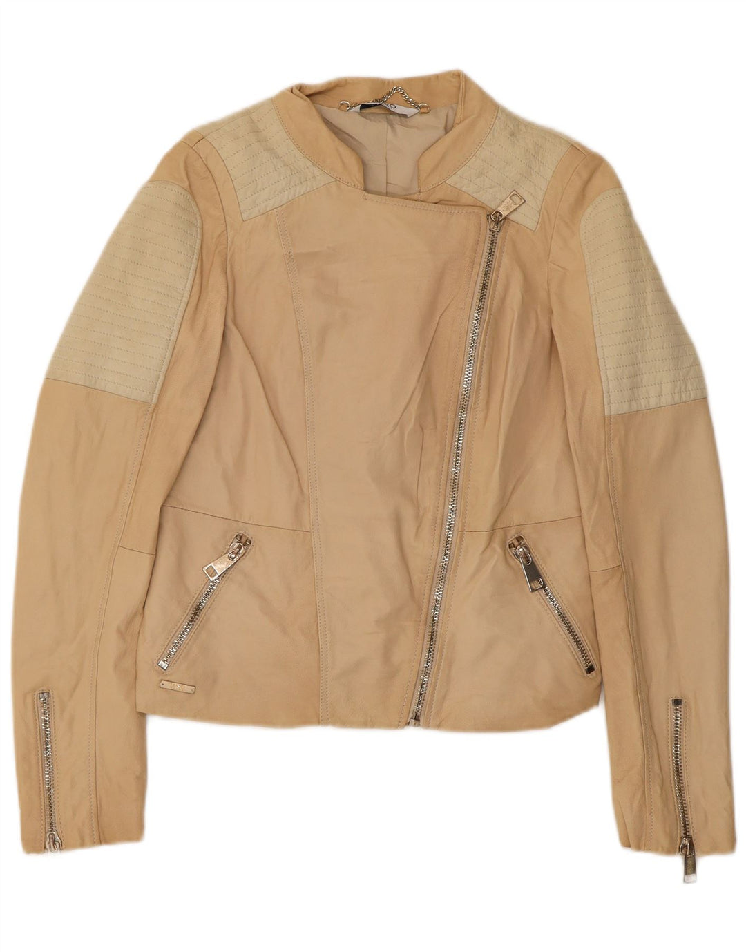 Jaqueta feminina Liu Jo Crop Biker IT 42 couro colorblock bege médio