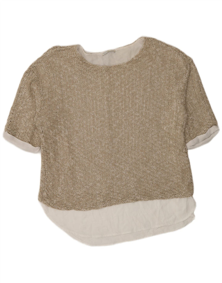 Blusa feminina de crochê grande Zara Top Reino Unido 14 bloco colorido bege médio