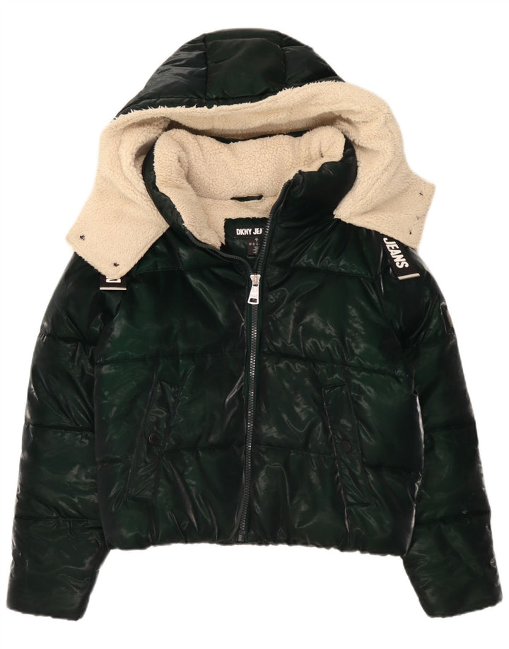 Jaqueta acolchoada com capuz grande Dkny feminina UK 10 poliéster verde pequeno