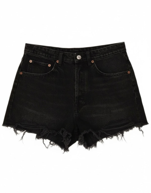 Zara Shorts jeans feminino de cintura alta desgastado UE 40 médio W30 preto