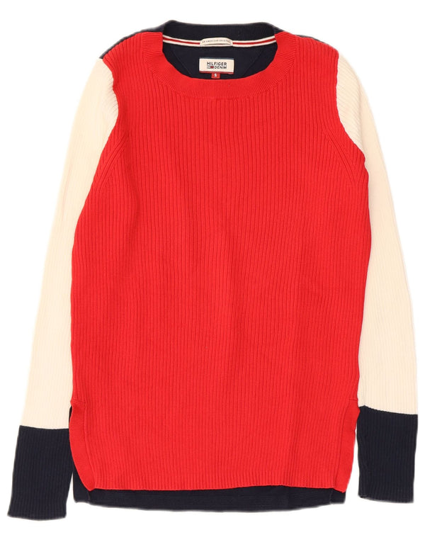 Suéter feminino Tommy Hilfiger com gola barco e bloco colorido vermelho pequeno