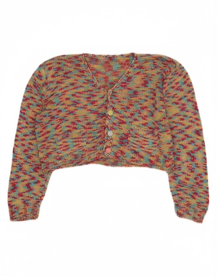 Suéter cardigan vintage feminino UK 14 médio multicolorido manchado