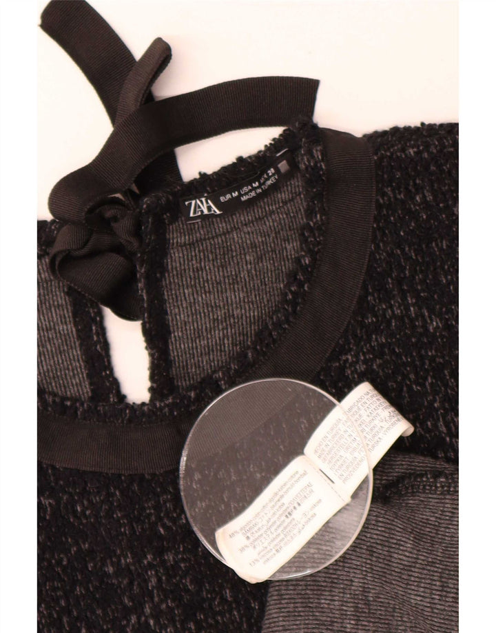 Vestido básico feminino Zara UK 14 algodão manchado preto médio