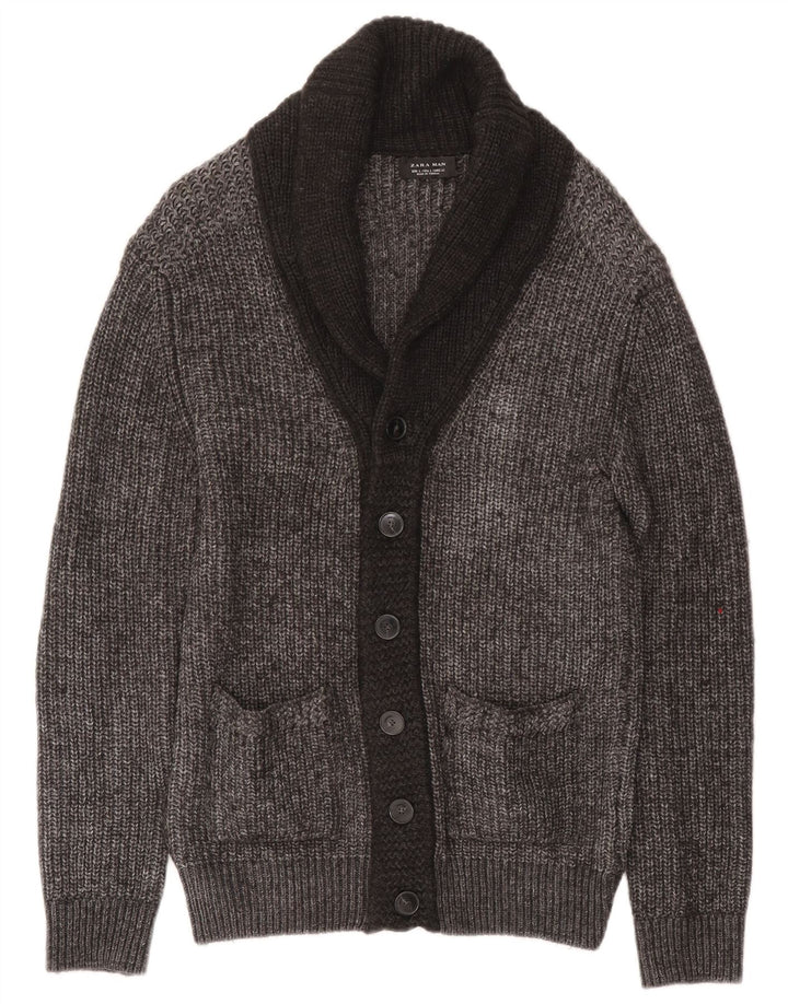 Suéter cardigã masculino Zara grande acrílico manchado cinza