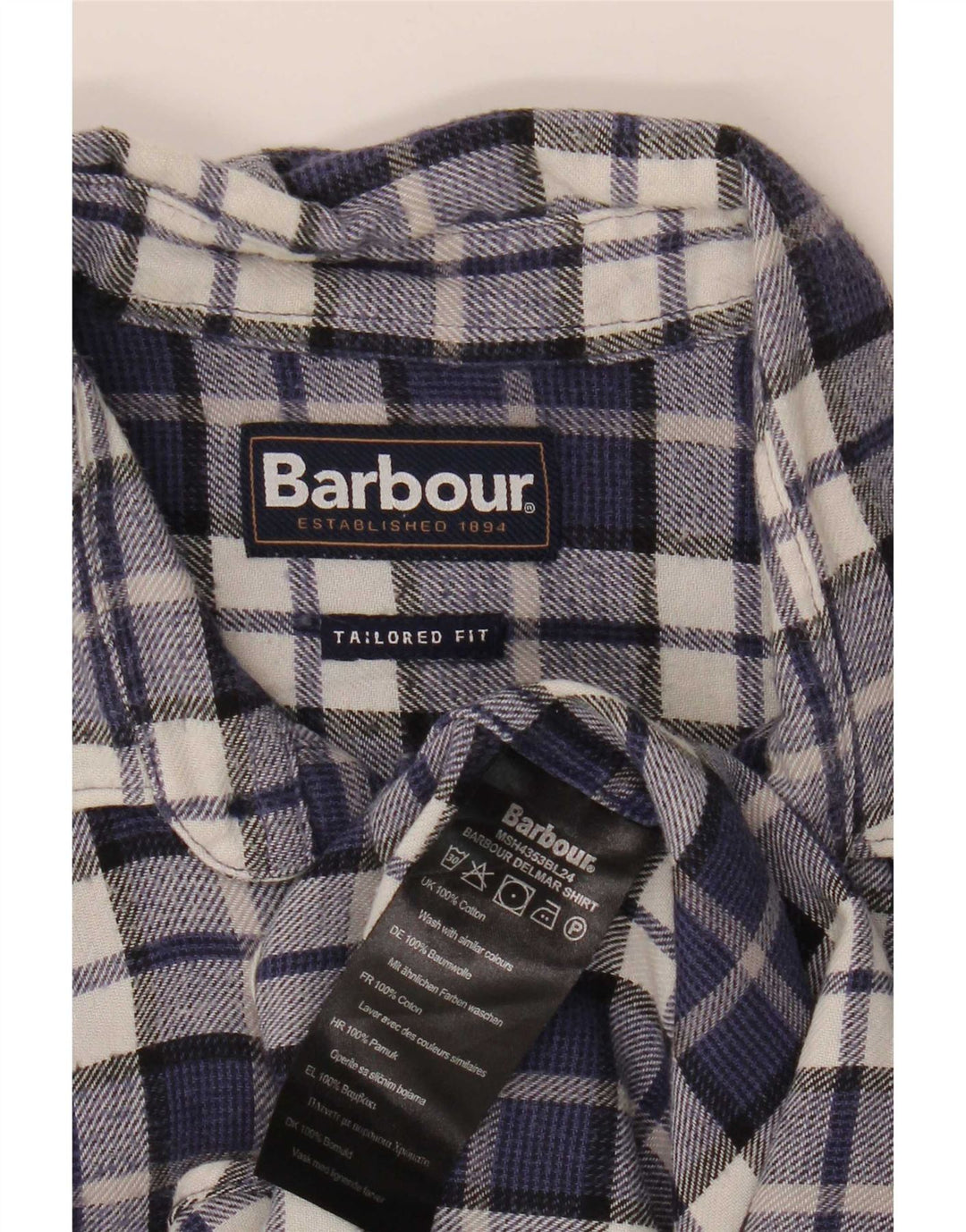 Camisa masculina Barbour de flanela sob medida, pequena, azul marinho, xadrez, algodão