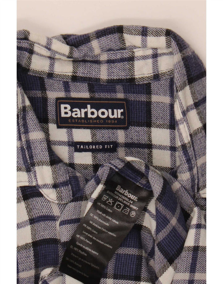 Camisa masculina Barbour de flanela sob medida, pequena, azul marinho, xadrez, algodão