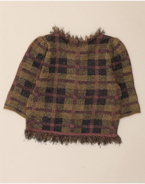 Zara Womens Crop Short Sleeve Cardigan Sweater UK 12 Medium Khaki Check