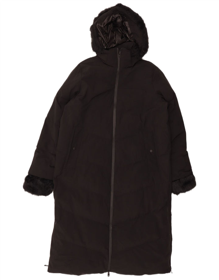 Casaco acolchoado com capuz feminino ZARA UK 16 grande poliéster preto