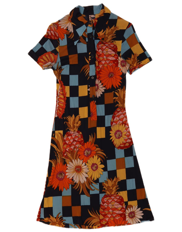 Vestido vintage feminino linha A UK 10 pequeno floral multicolorido
