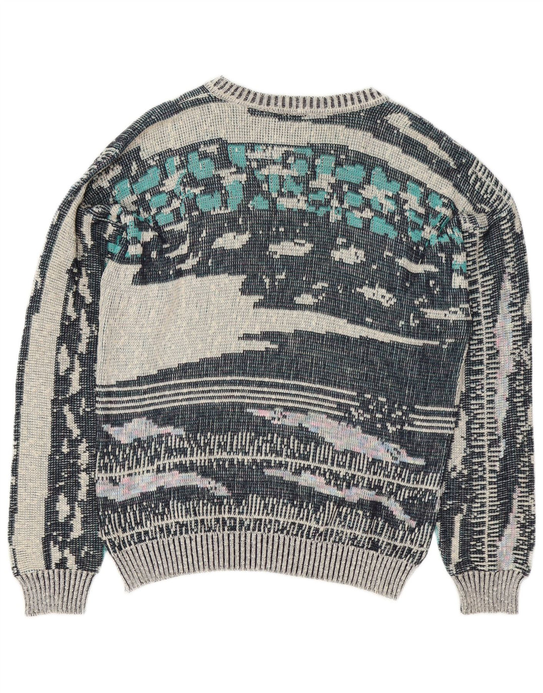 Suéter masculino vintage com padrão abstrato, gola redonda, azul médio