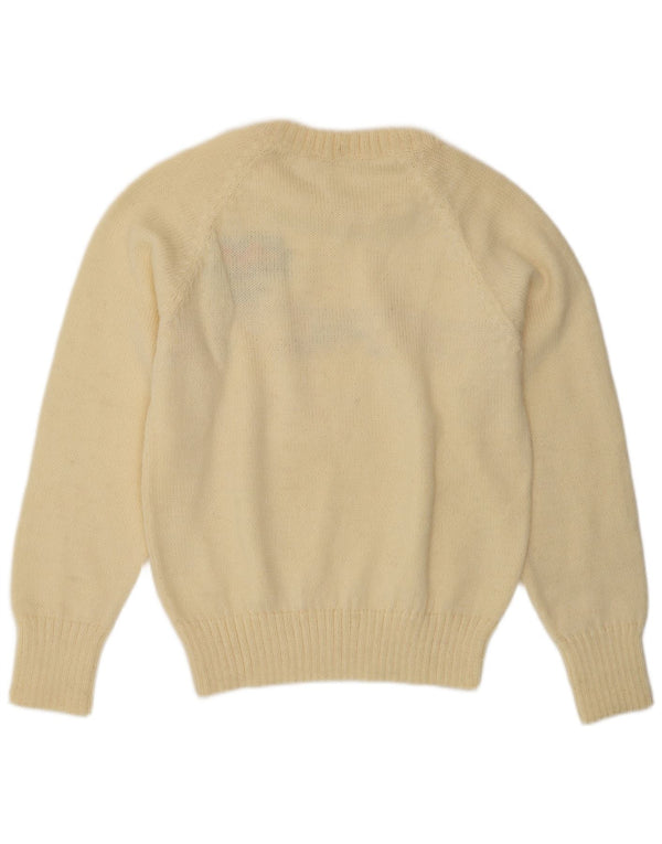 Suéter feminino vintage com gola redonda UK 12 médio off white floral