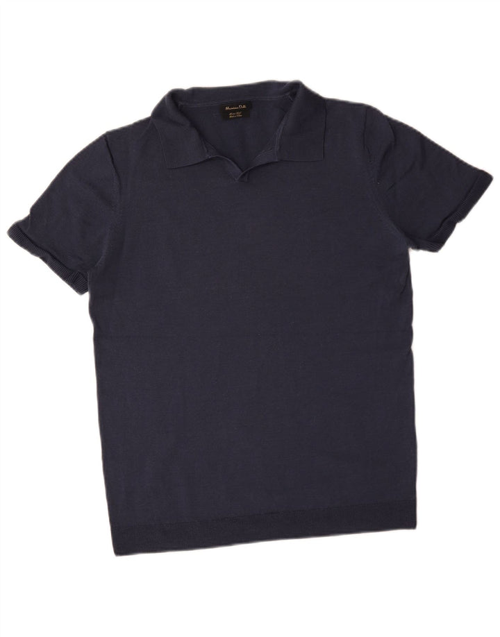Suéter masculino Massimo Dutti de manga curta com gola polo, azul marinho médio