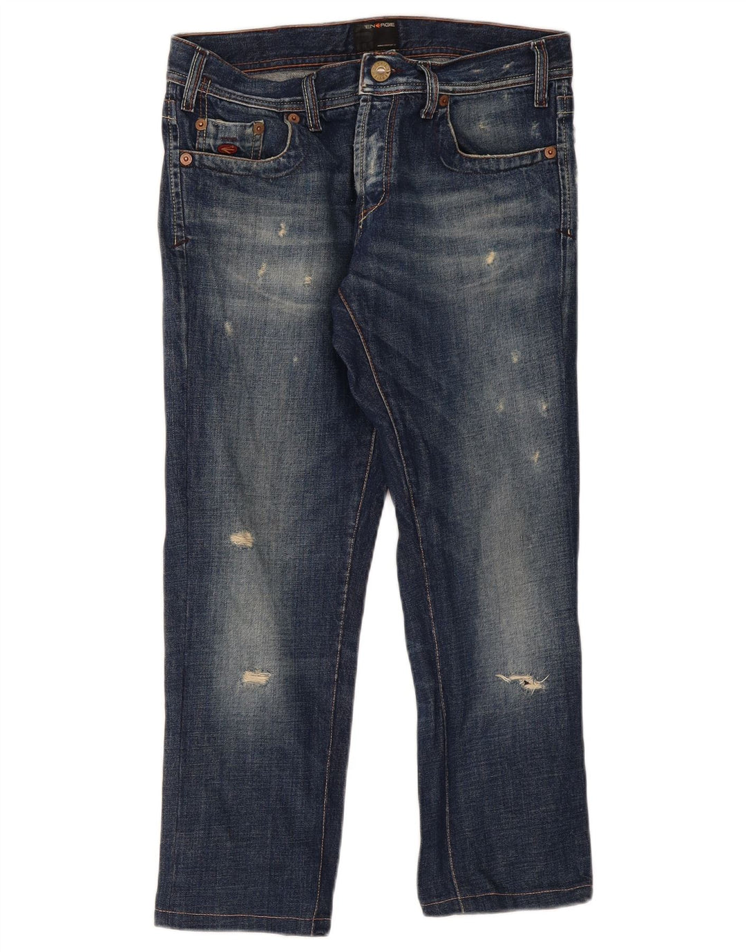 Energie feminino jeans reto desgastado W33 L25 algodão azul
