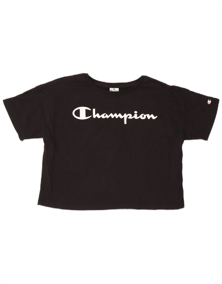 Camiseta feminina CHAMPION com estampa de grandes dimensões UK 10 pequena preta