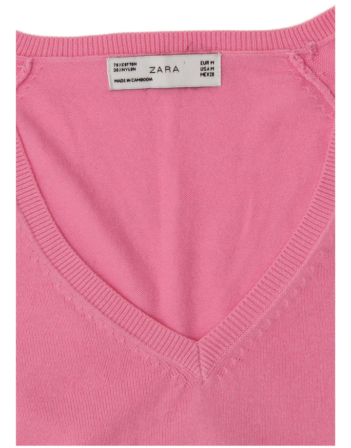 ZARA Womens V-Neck Jumper Sweater UK 12 Medium Pink Cotton