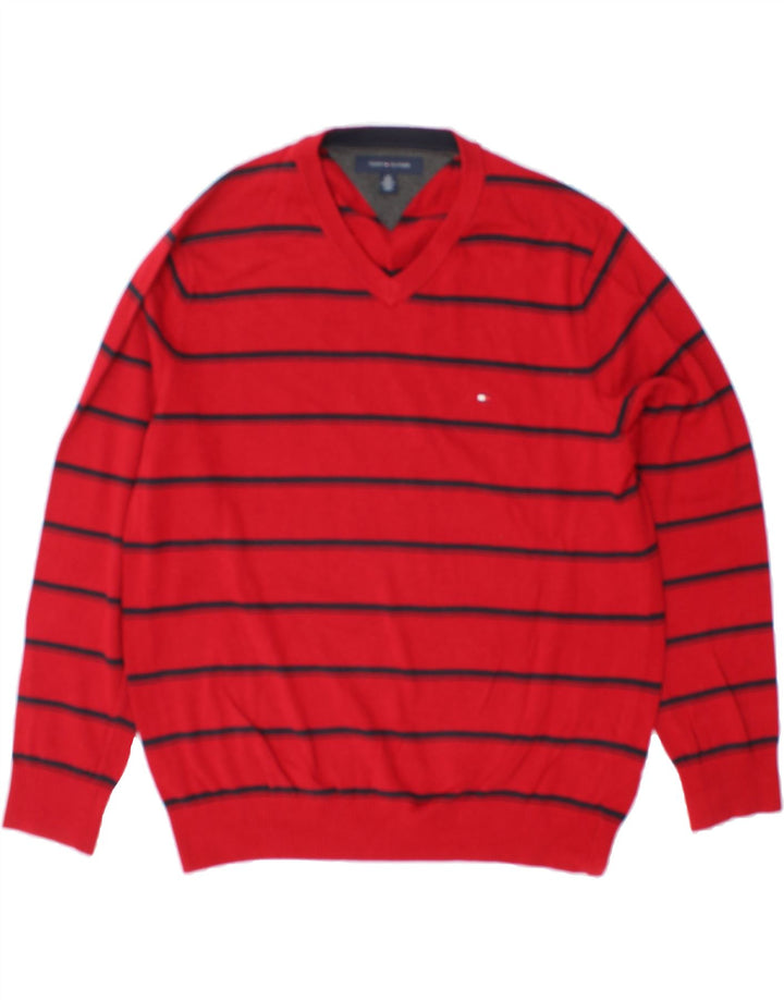 TOMMY HILFIGER Mens V-Neck Jumper Sweater Large Red Striped Cotton Vintage Tommy Hilfiger and Second-Hand Tommy Hilfiger from Messina Hembry 