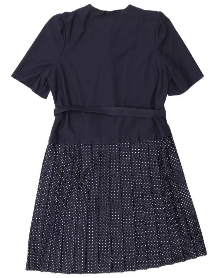 Vestido evasê feminino VINTAGE Reino Unido 16 grande poliéster manchado azul marinho