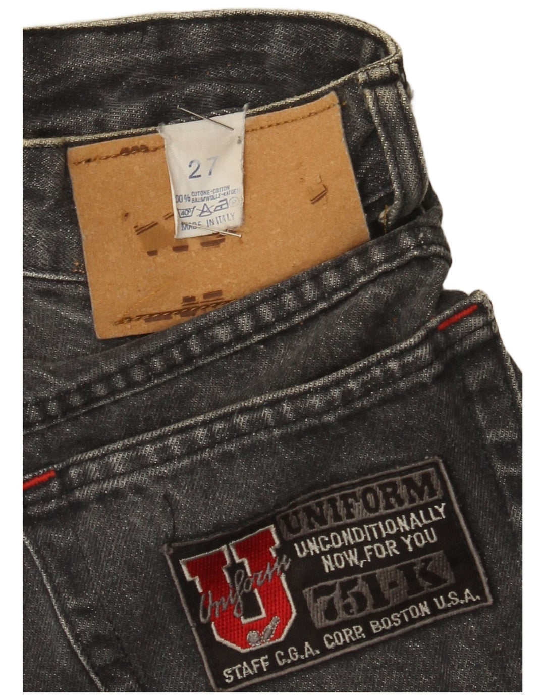Jeans slim de cintura alta uniforme feminino W27 L27 algodão cinza