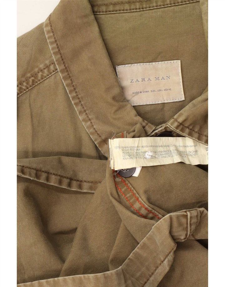 Zara Camisa militar masculina grande de algodão cáqui grande