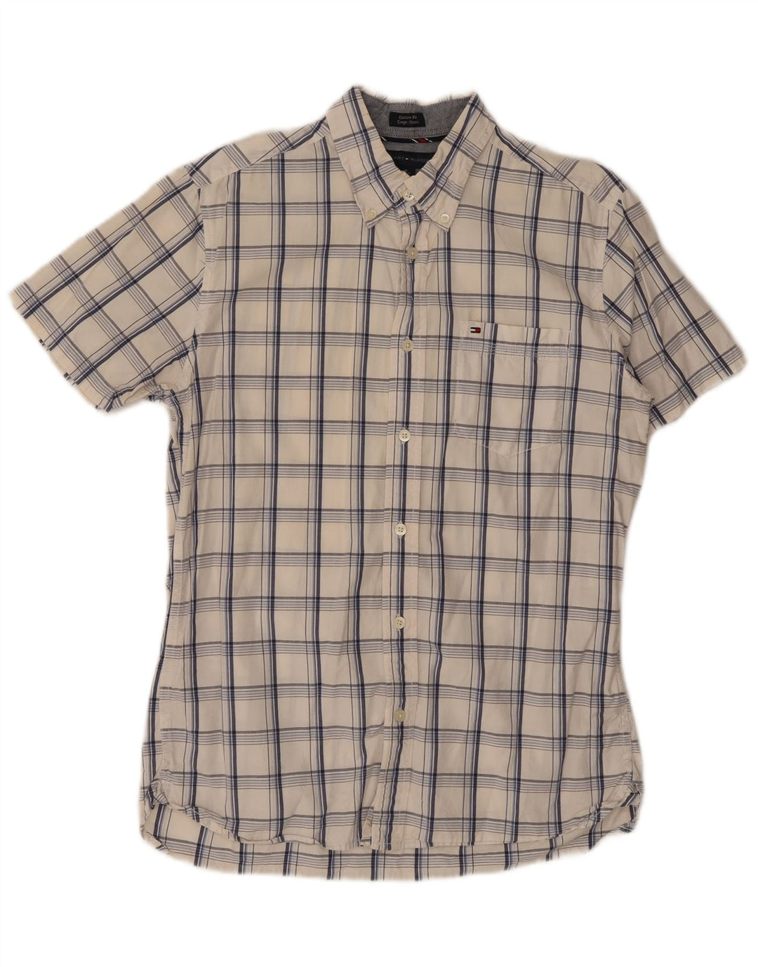 Camisa masculina Tommy Hilfiger de manga curta com ajuste personalizado, algodão xadrez médio branco