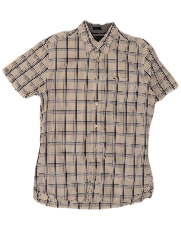 Camisa masculina Tommy Hilfiger de manga curta com ajuste personalizado, algodão xadrez médio branco
