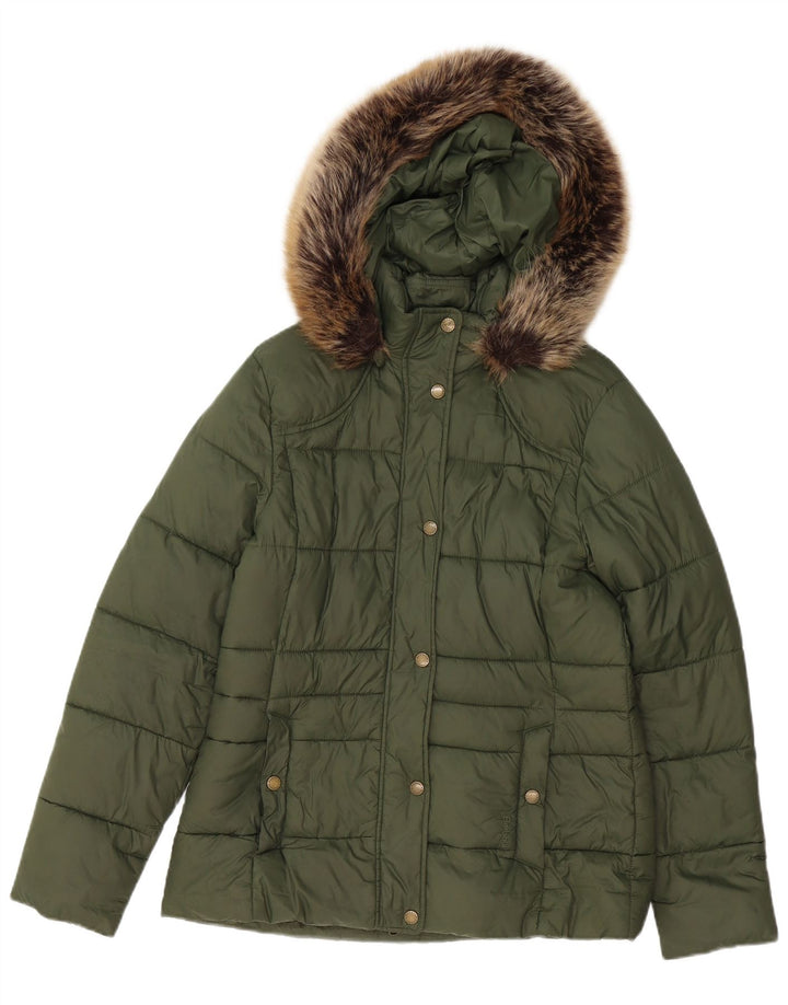 Jaqueta acolchoada com capuz feminina Barbour UK 12 poliéster verde médio