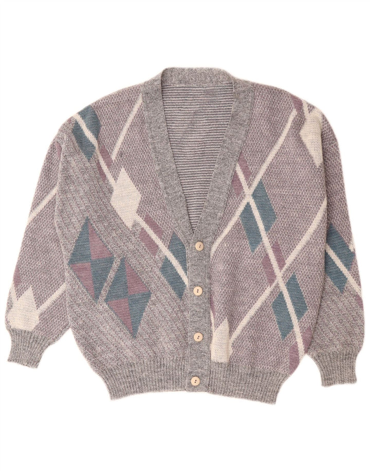 Suéter cardigã masculino vintage grande cinza Argyle/Diamante
