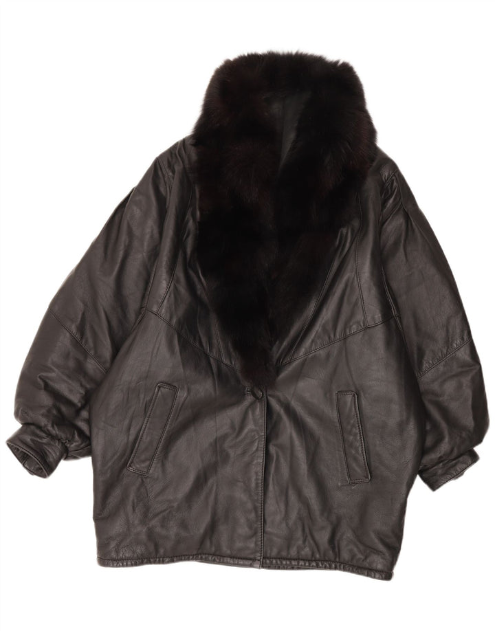 Casaco de couro superdimensionado feminino vintage IT 46 couro preto grande