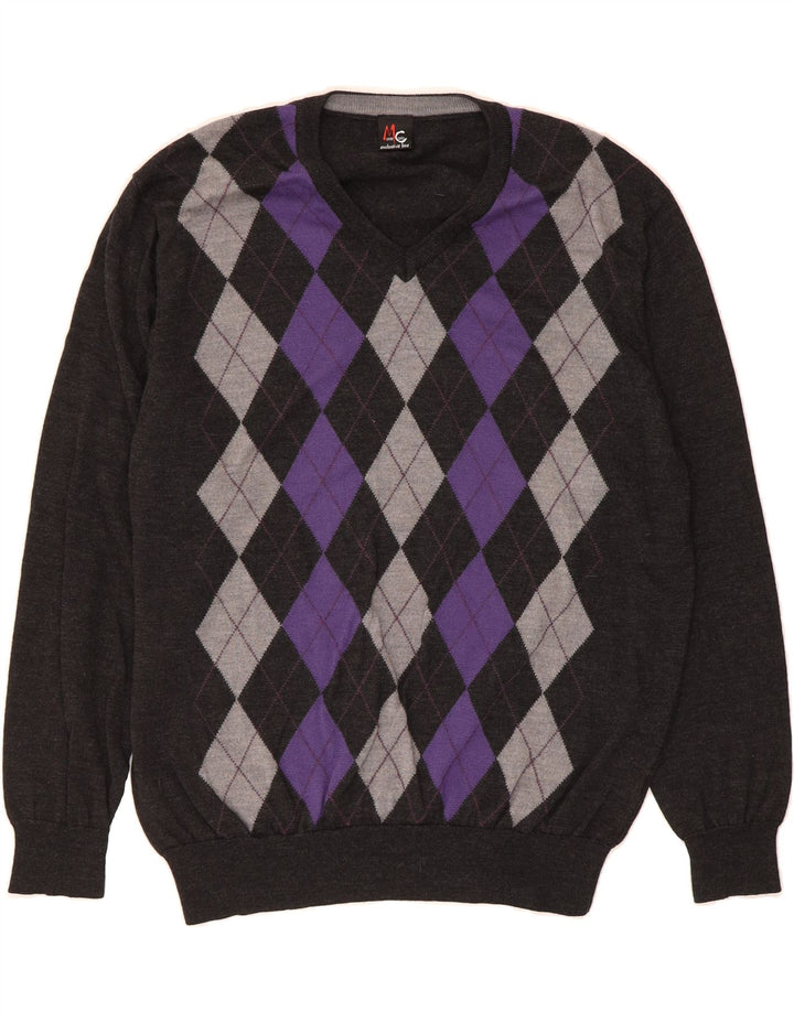 MONTE CARLO Mens V-Neck Jumper Sweater IT 54 XL Grey Argyle/Diamond Vintage Monte Carlo and Second-Hand Monte Carlo from Messina Hembry 