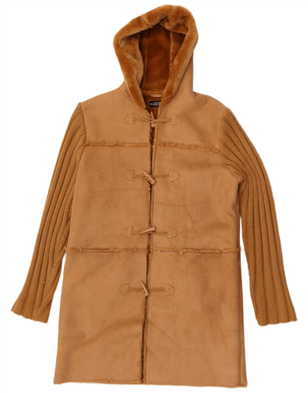 Casaco feminino sherpa com capuz vintage UK 14 poliéster marrom médio