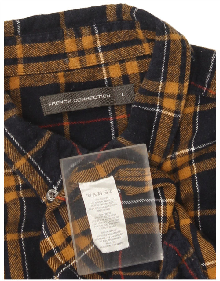 Camisa masculina de flanela French Connection grande algodão xadrez azul marinho