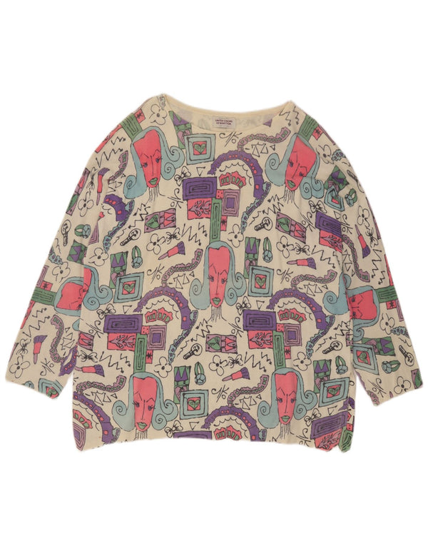 Benetton Top gráfico feminino oversized manga comprida UK 14 Médio Off White